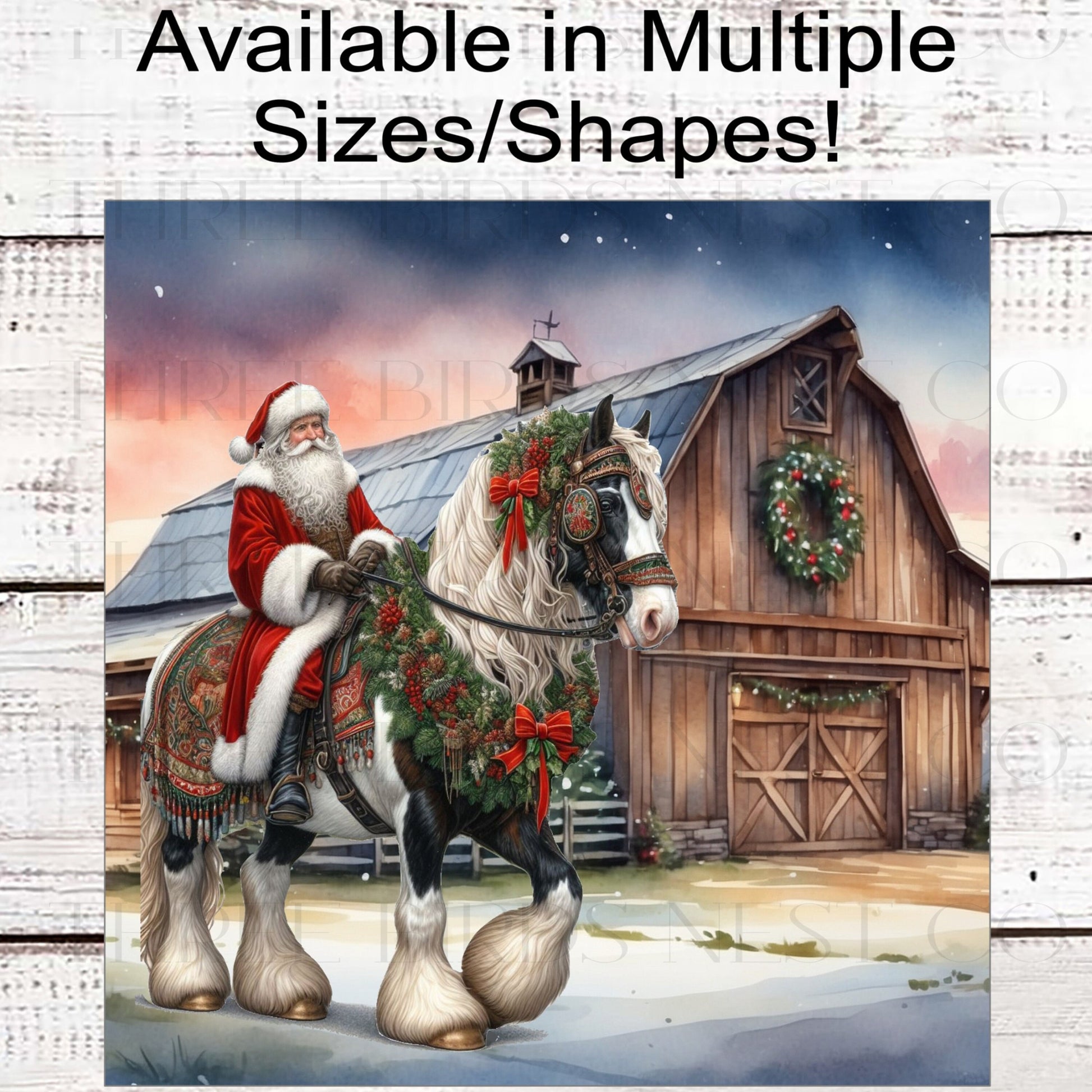 Christmas Horse Wreath Sign - Santa Claus - Farmhouse Barn Sign - Gypsy Vanner Horse - Rustic Christmas Sign