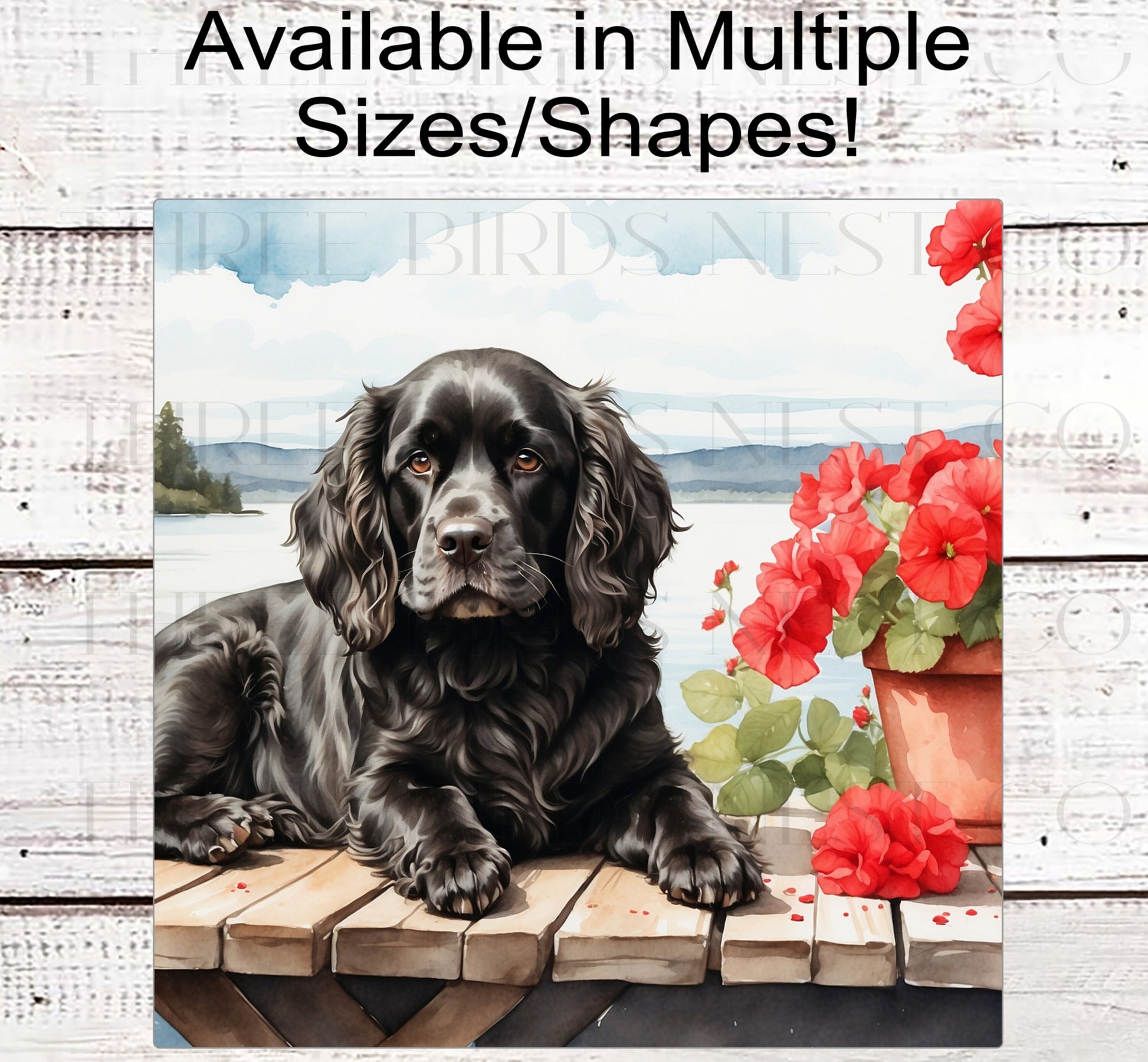 Dog Wreath Sign - Black Cocker Spaniel Dog - Lake House - Floral Wreath Sign