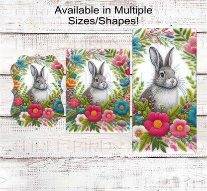 Easter Wreath Signs - Bunny Rabbit - Faux Embroidery - Spring Flowers - Floral Wreath Sign