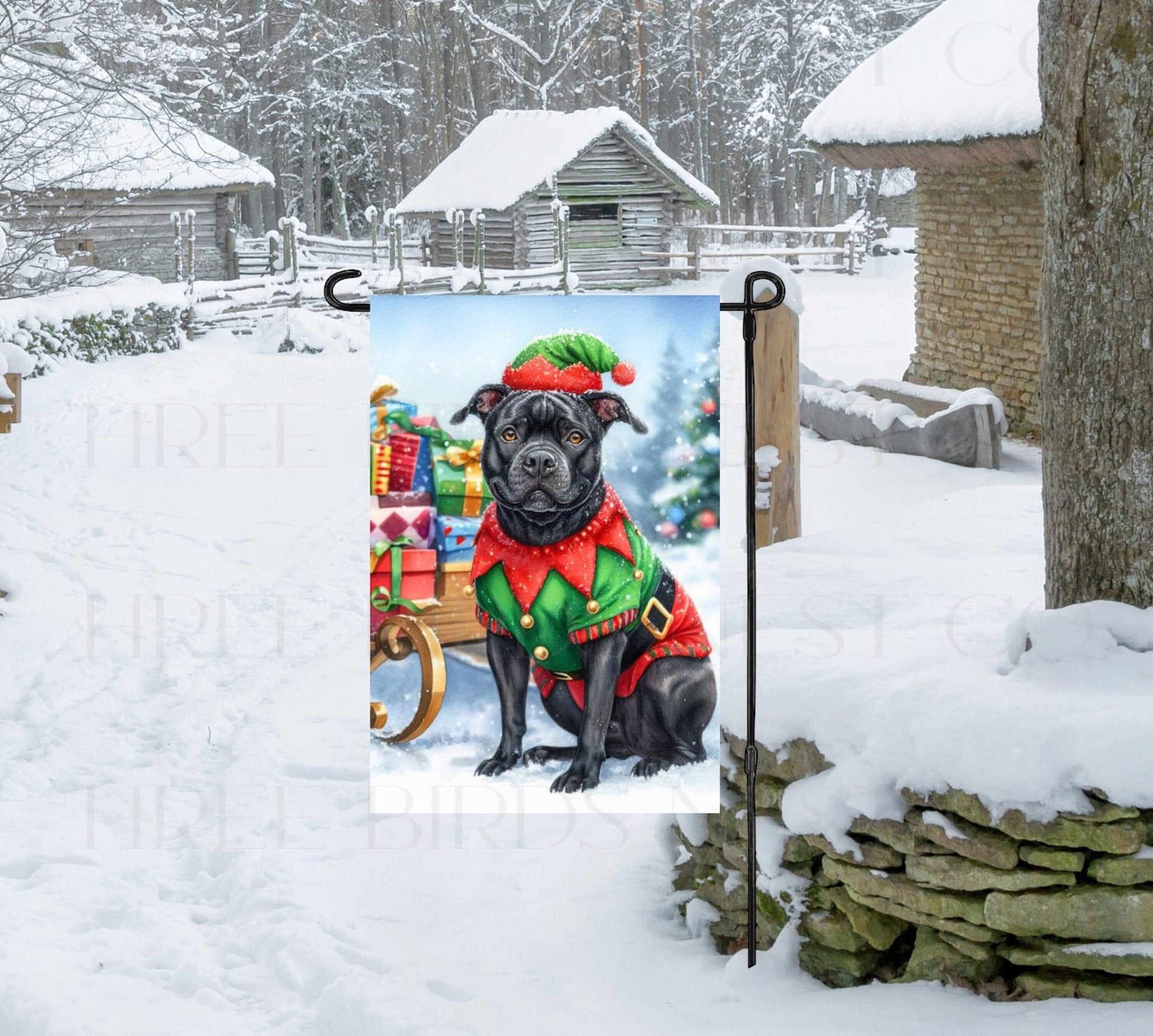 A Black Pit Bull Dog in a Winter Wonderland setting, wearing dressed as a Christmas Elf.