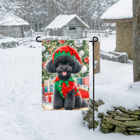 An adorable black Poodle dog dressed as a Christmas Elf.