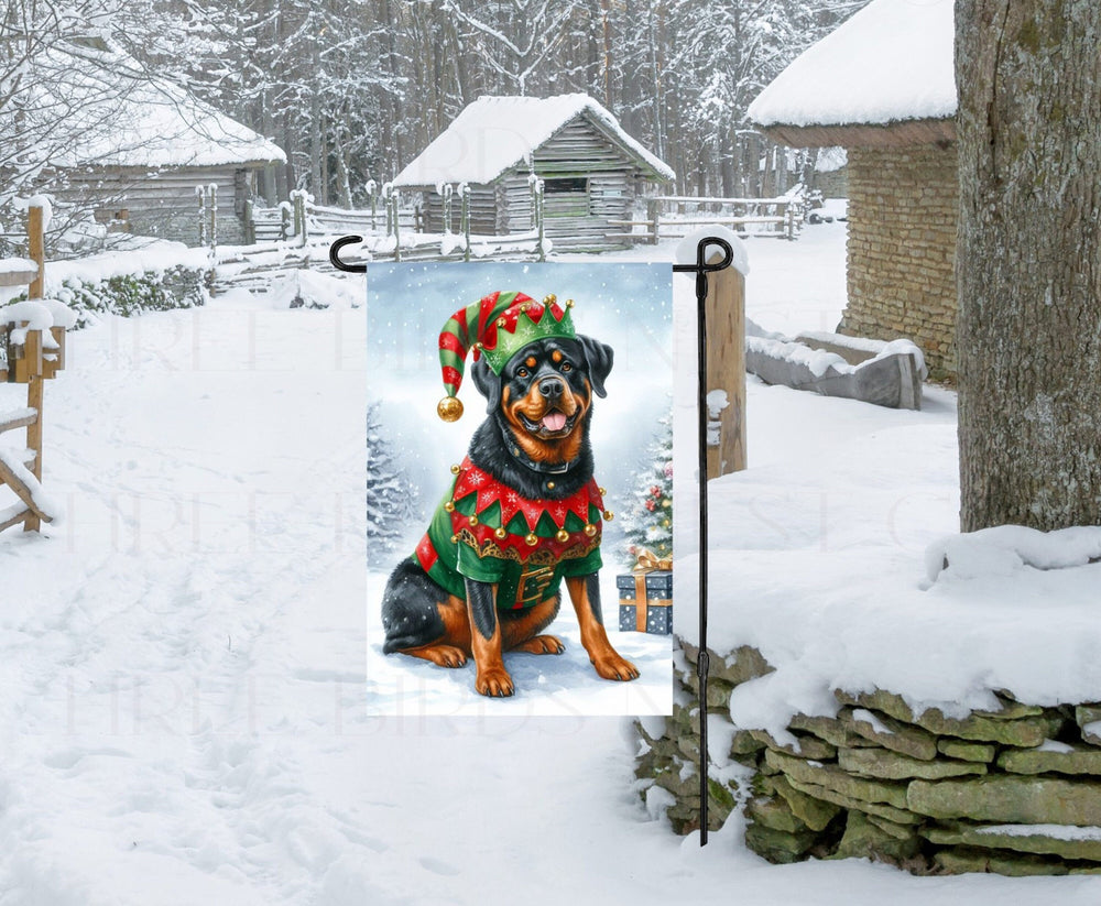 A Rottweiler Dog in a Winter Wonderland setting, wearing dressed as a Christmas Elf.