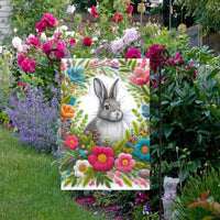 An adorable grey Easter Bunny surrounded by faux embroidered Spring Flowers.