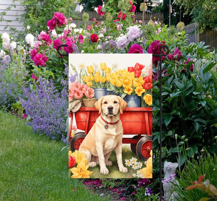 A beautiful yellow Labrador Retriever with a cart full of Spring flowers.