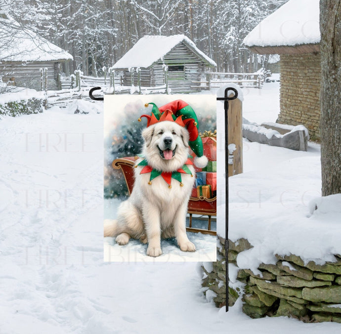 A Great Pyrenees Dog in a Winter Wonderland setting, wearing dressed as a Christmas Elf.