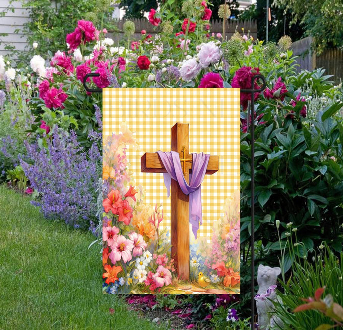 A beautiful Garden Flag with an Ester Cross with purple sash and Spring flowers.