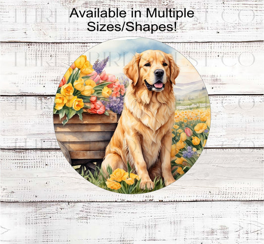 A Golden Retriever dog surrounded by beautiful Spring flowers