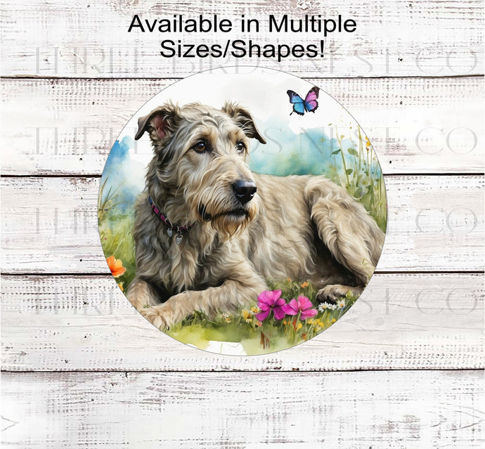 A Irish Wolfhound dog surrounded by beautiful Spring flowers and butterflies.