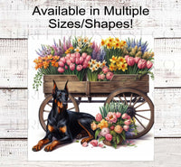 
              Spring Dog Wreath Sign - Black Doberman Pinscher Dog - Floral Wreath Sign
            