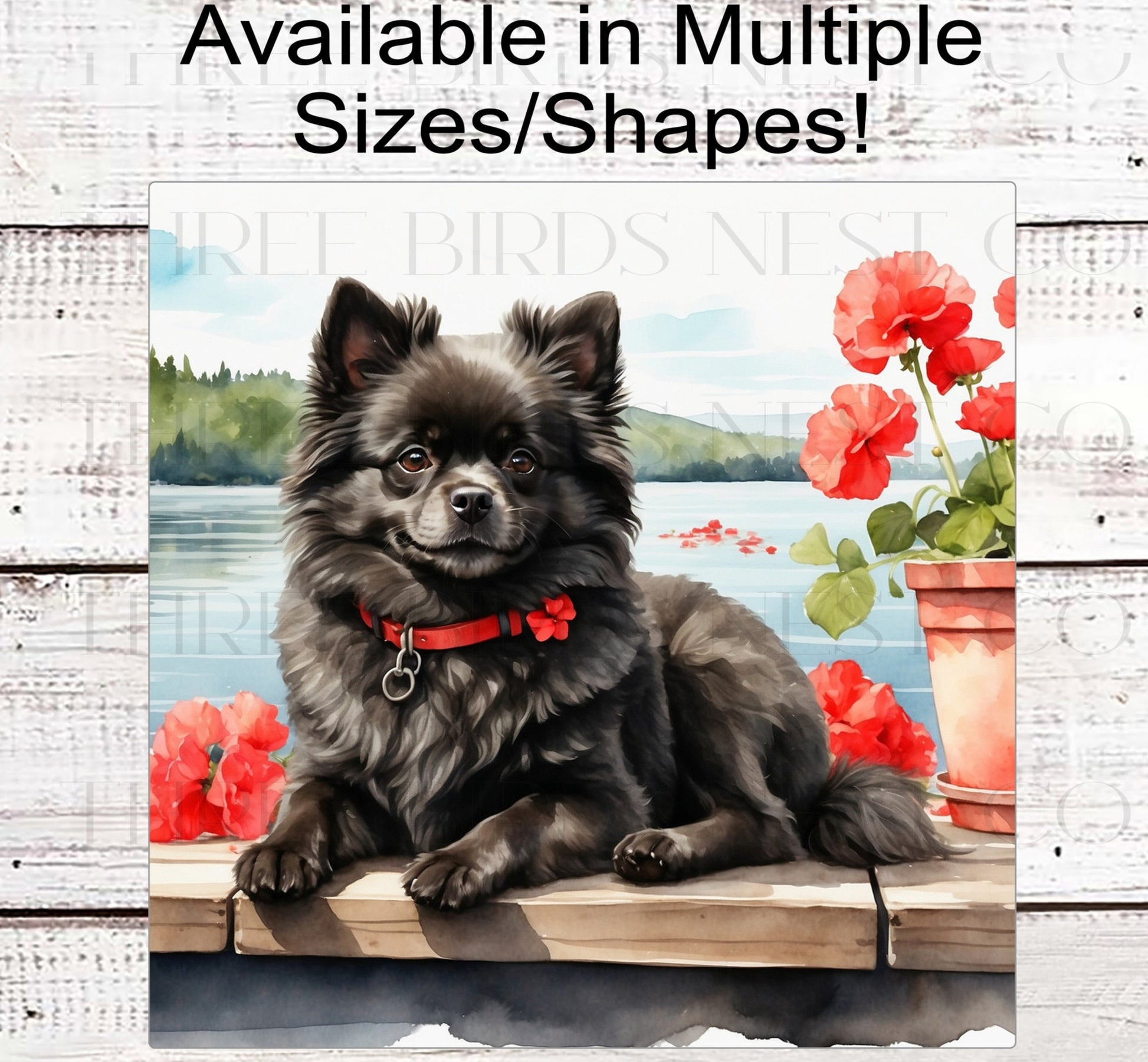 Dog Wreath Sign - Black Pomeranian Dog - Lake House - Floral Wreath Sign