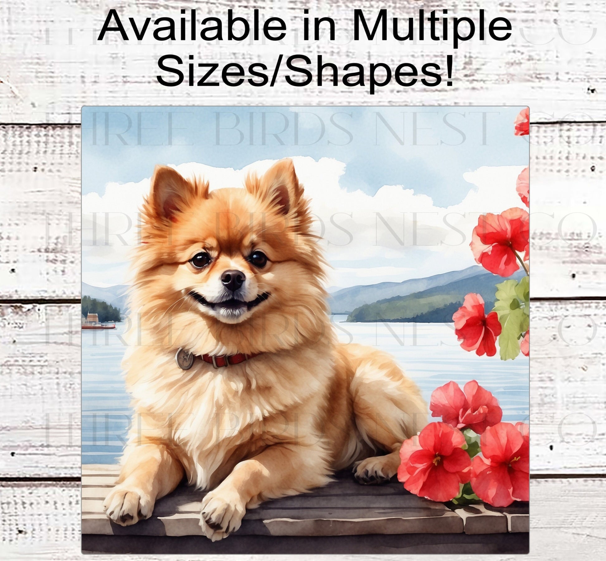 Dog Wreath Sign - Red Pomeranian Dog - Lake House - Floral Wreath Sign