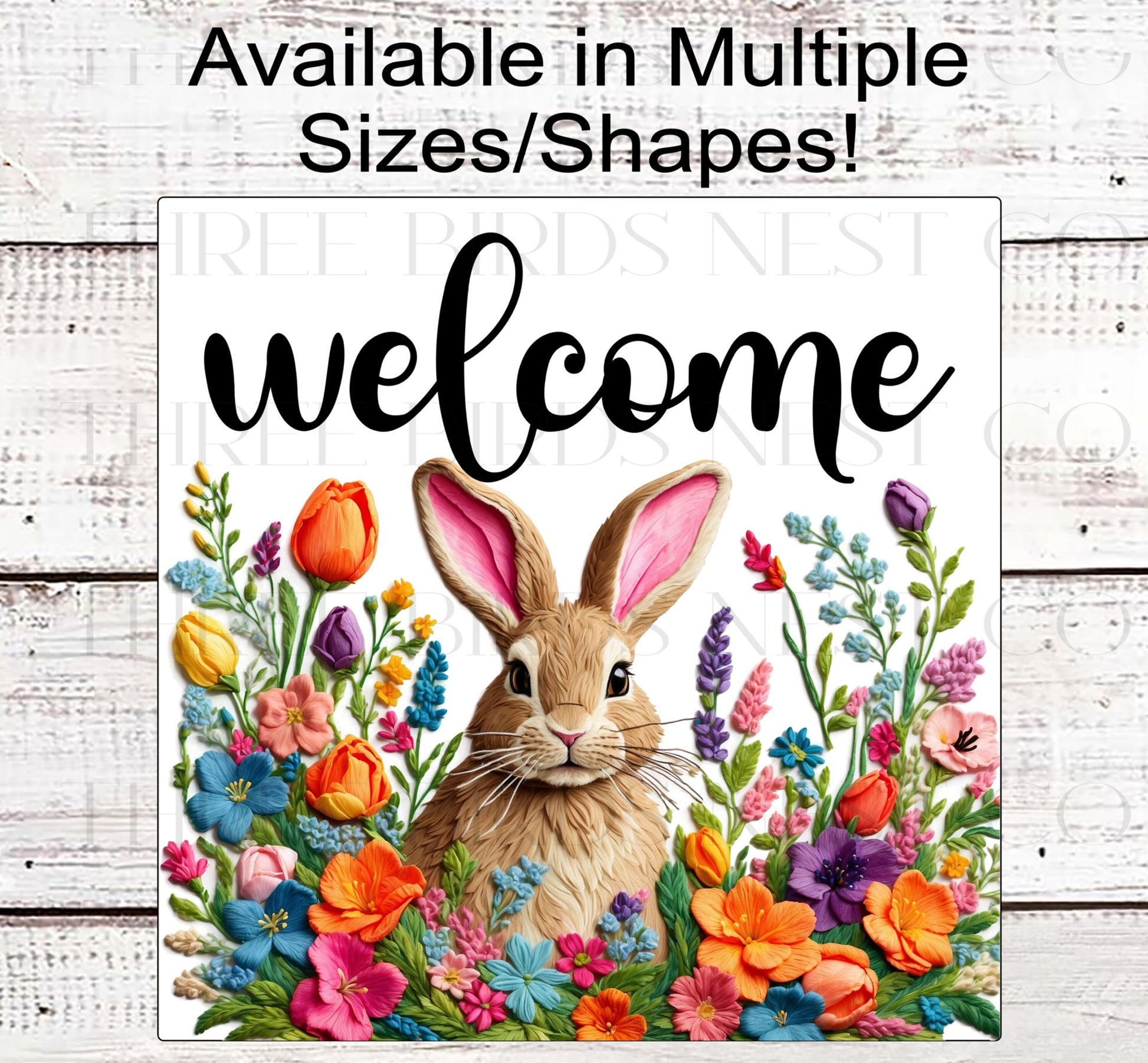 Easter Wreath Signs - Bunny Rabbit - Faux Embroidery - Spring Flowers - Floral Wreath Sign