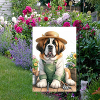A beautiful Saint Bernard dog in a straw hat and overalls with gardening tools and flowers