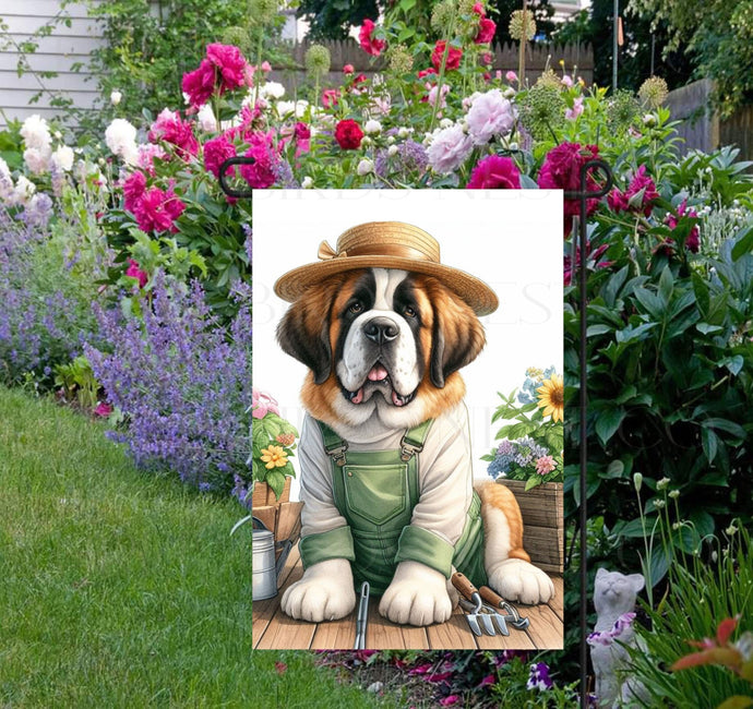 A beautiful Saint Bernard dog in a straw hat and overalls with gardening tools and flowers