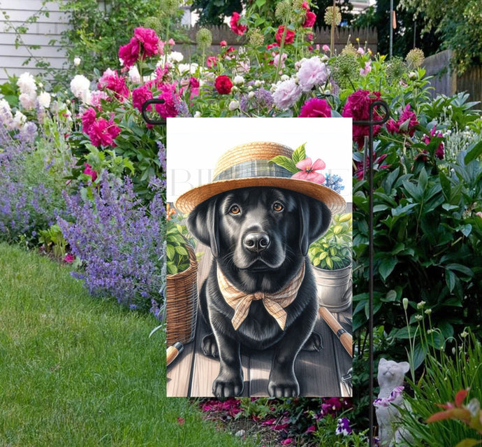 A beautiful Labrador Retriever dog in a straw hat with gardening tools and flowers