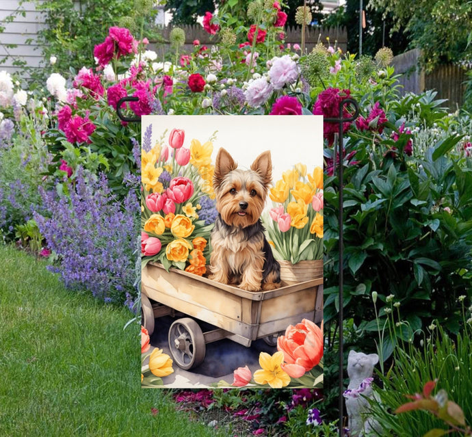 A beautiful Yorkshire Terrier Dog in a wooden cart full of Spring flowers.