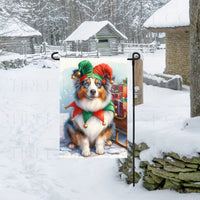 An adorable Australian Shepherd dog dressed as a Christmas Elf.