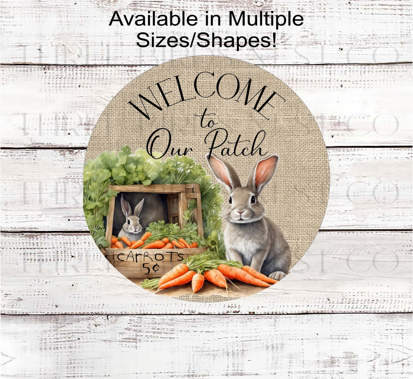 Two Easter Bunnies with carrots for sale and a &quot;Welcome to Our Patch&quot; message