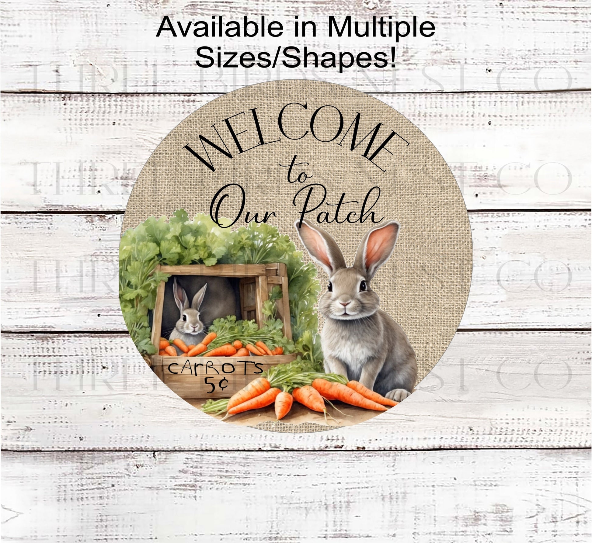 Two Easter Bunnies with carrots for sale and a &quot;Welcome to Our Patch&quot; message