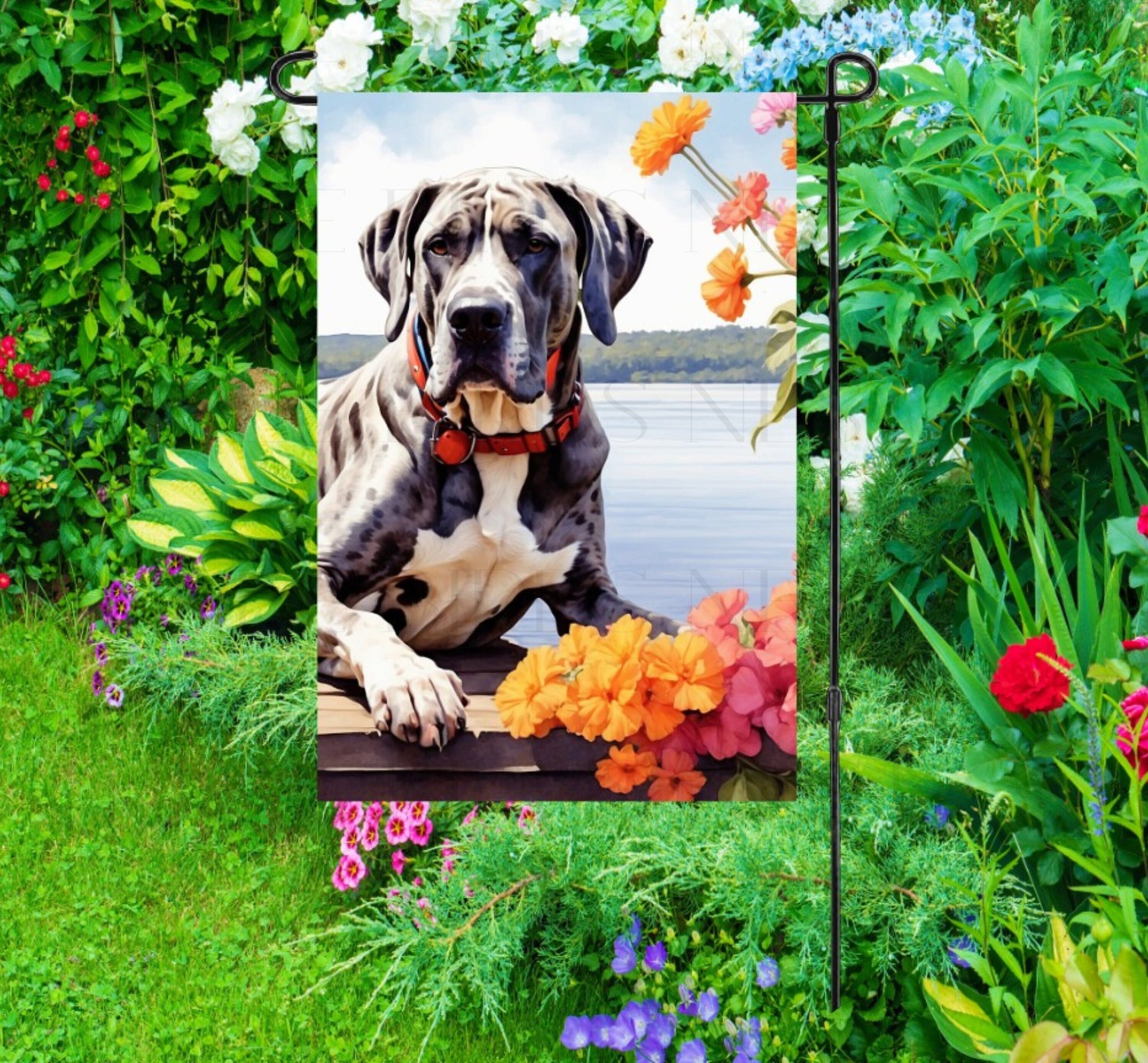 A beautiful harlequin Great Dane dog on a dock overlooking a Lake.