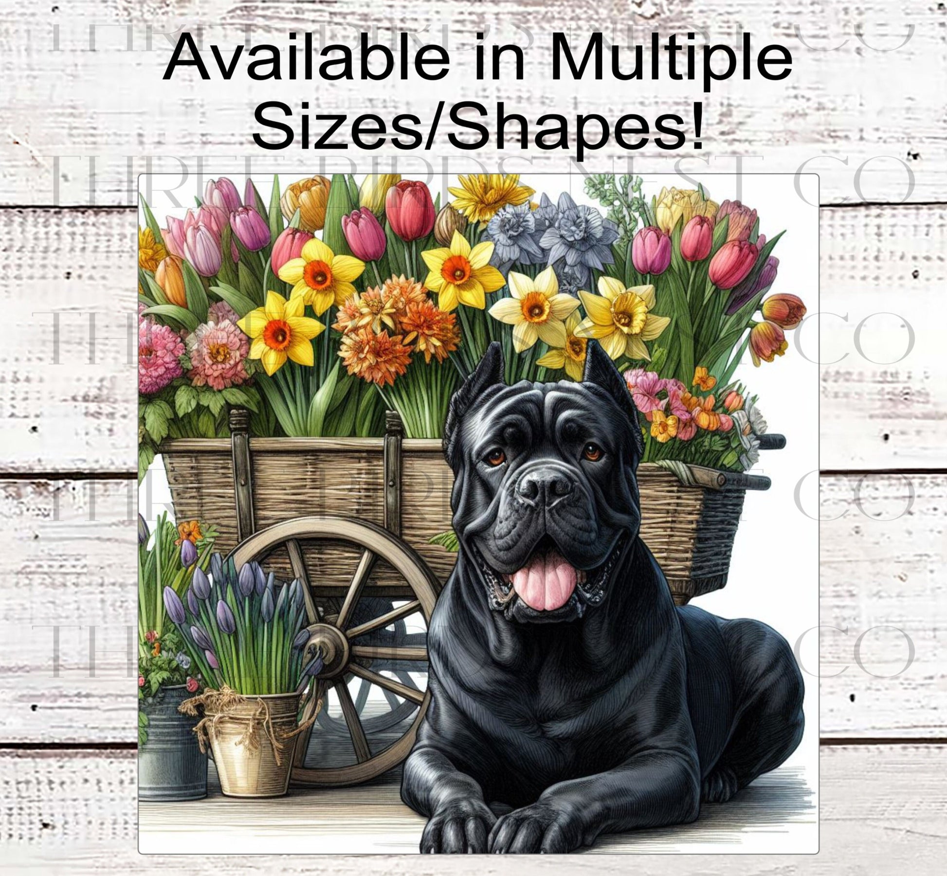 Spring Dog Wreath Sign - Black Cane Corso Dog - Floral Wreath Sign