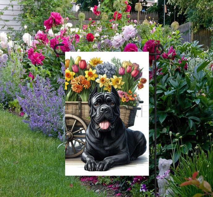 A beautiful black Cane Corso dog surrounded by gorgeous flowers.