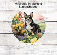 
              A tri-colored Corgi Dog surrounded by beautiful Spring flowers.
            