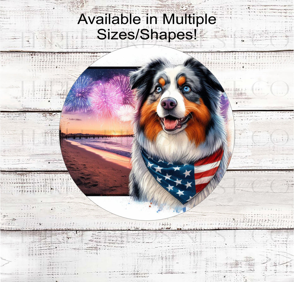 A beautiful Australian Shepherd dog wearing an American Flag Bandanna on a Beach with Fireworks.