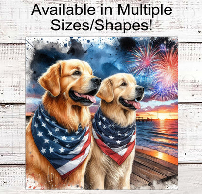 Patriotic Dog Wreath Signs - Golden Retriever Dogs - American Flag - Wiggle Butt - Beach Decor - Fireworks Sign - 4th of July