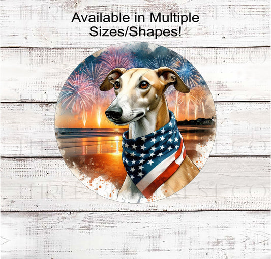 A beautiful Greyhound dog wearing an American Flag Bandanna on a Beach with Fireworks.