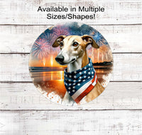 
              A beautiful Greyhound dog wearing an American Flag Bandanna on a Beach with Fireworks.
            