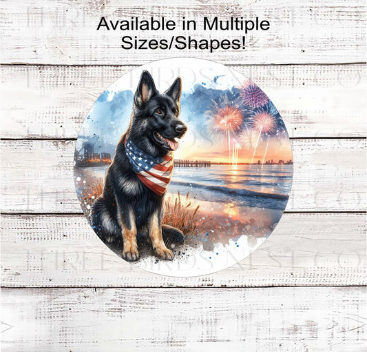 A beautiful bi-colored German Shepherd dog wearing an American Flag Bandanna on a Beach with Fireworks.