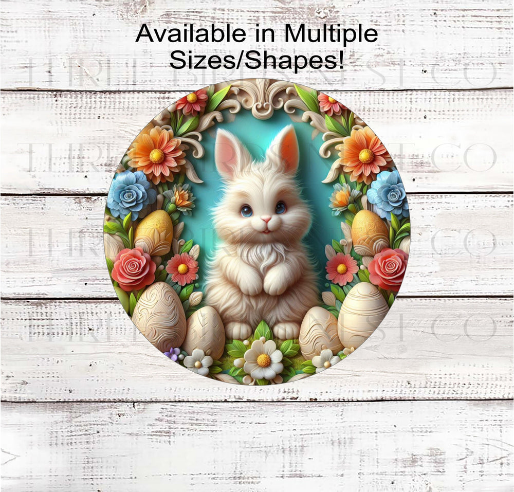 An adorable 3-D Easter Bunny surrounded by beautiful flowers and Eggs.