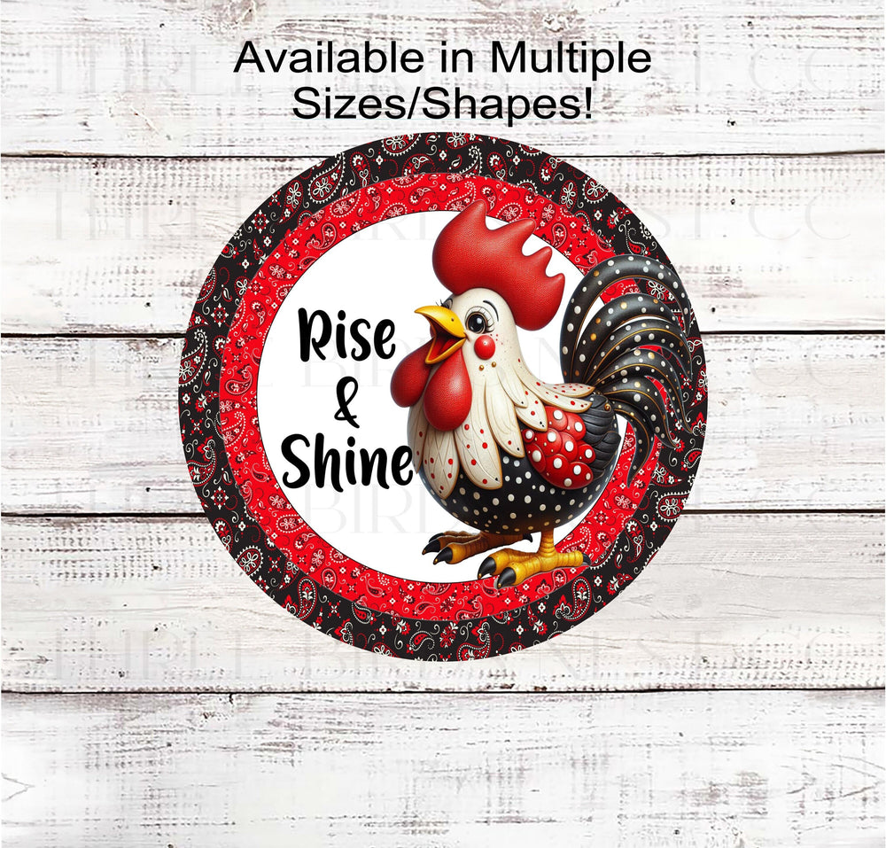 Rise and Shine with this adorable Rooster Wreath Sign on black and red bandanna print backgrounds.
