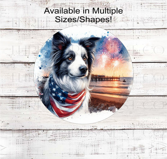 A beautiful Border Collie dog wearing an American Flag Bandanna on a Beach with Fireworks.