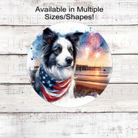 A beautiful Border Collie dog wearing an American Flag Bandanna on a Beach with Fireworks.