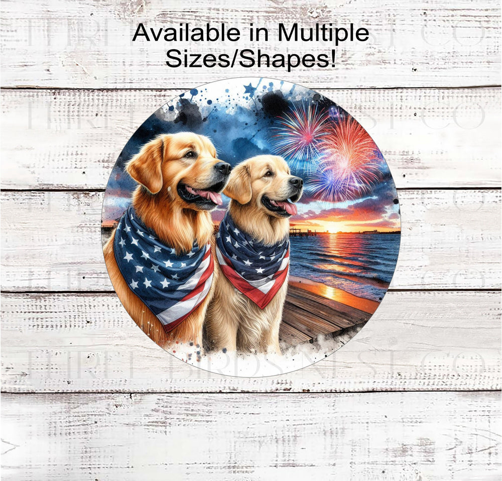 A beautiful pair of Golden Retriever dogs wearing an American Flag Bandanna on a Beach with Fireworks.