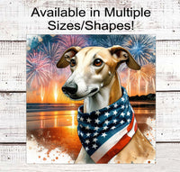 
              Patriotic Dog Wreath Signs - Greyhound Dog - American Flag - Wiggle Butt - Beach Decor - Fireworks Sign - 4th of July
            