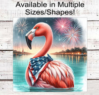 
              Flamingo Wreath Sign - Patriotic Sign - Beach Welcome Sign - Fireworks Sign - 4th of July Decor
            