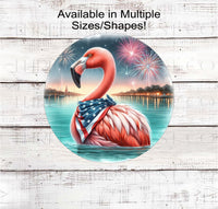 
              An adorable Pink Flamingo wearing an American Flag Bandanna on a Beach with Fireworks
            