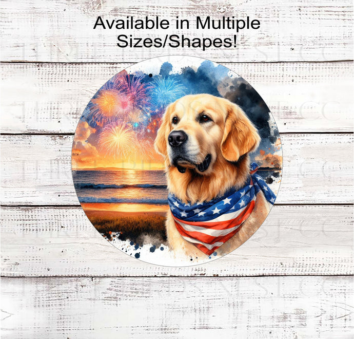 A beautiful Golden Retriever dog wearing an American Flag Bandanna on a Beach with Fireworks.