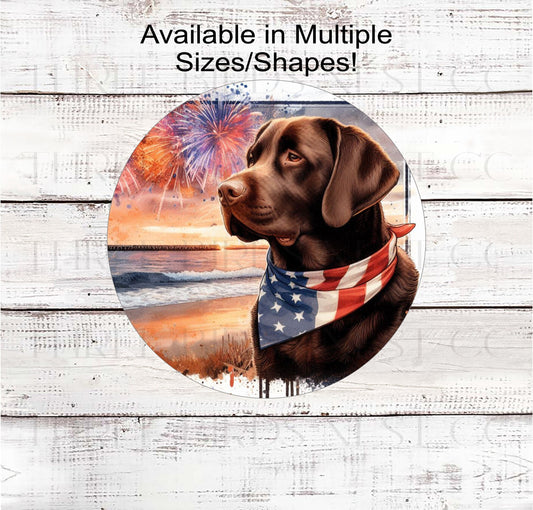 A beautiful chocolate Labrador Retriever dog wearing an American Flag Bandanna on a Beach with Fireworks.