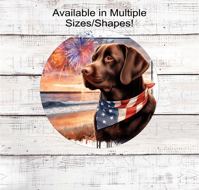 A beautiful chocolate Labrador Retriever dog wearing an American Flag Bandanna on a Beach with Fireworks.