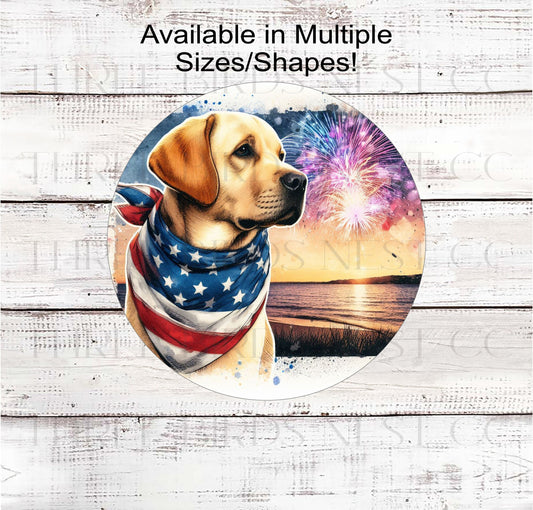 A beautiful yellow Labrador Retriever dog wearing an American Flag Bandanna on a Beach with Fireworks.