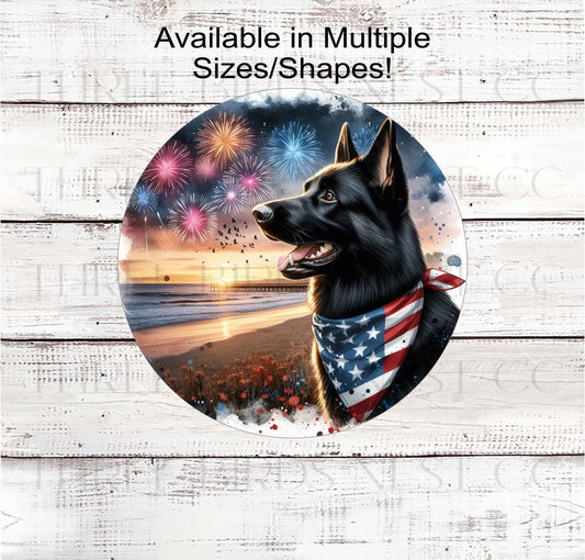 A beautiful black German Shepherd dog wearing an American Flag Bandanna on a Beach with Fireworks.